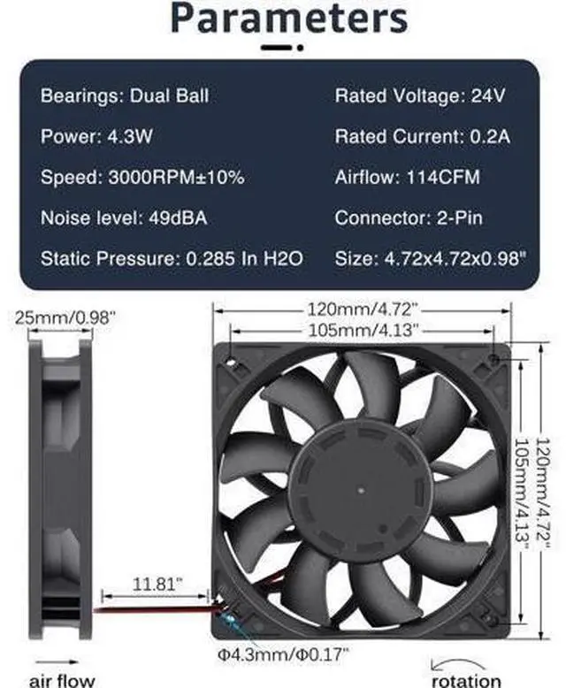 Alt view image 10 of 12 - GDSTIME 24V DC Brushless Cooling Fan, 120mm Case Fan, Dual Ball Bearings 120mm x 120mm x 25mm Cooler Fan
