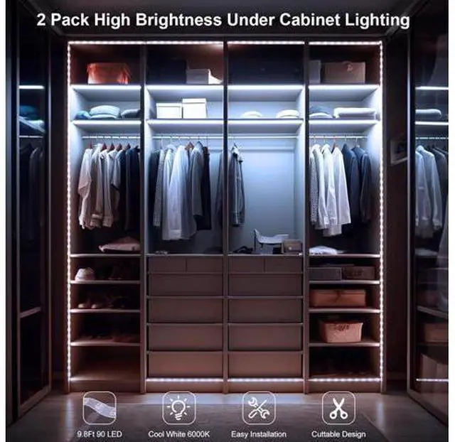 Alt view image 9 of 14 - 2 Pack Battery Powered LED Strip Lights High Brightness LED Strip Lights 9.8Ft 90 LED Cuttable Under Counter Click Light for Kitchen Cabinet Closet Shelves (Cool White)