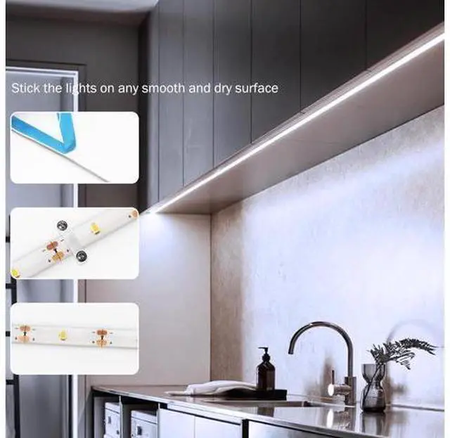 Alt view image 14 of 14 - 2 Pack Battery Powered LED Strip Lights High Brightness LED Strip Lights 9.8Ft 90 LED Cuttable Under Counter Click Light for Kitchen Cabinet Closet Shelves (Cool White)