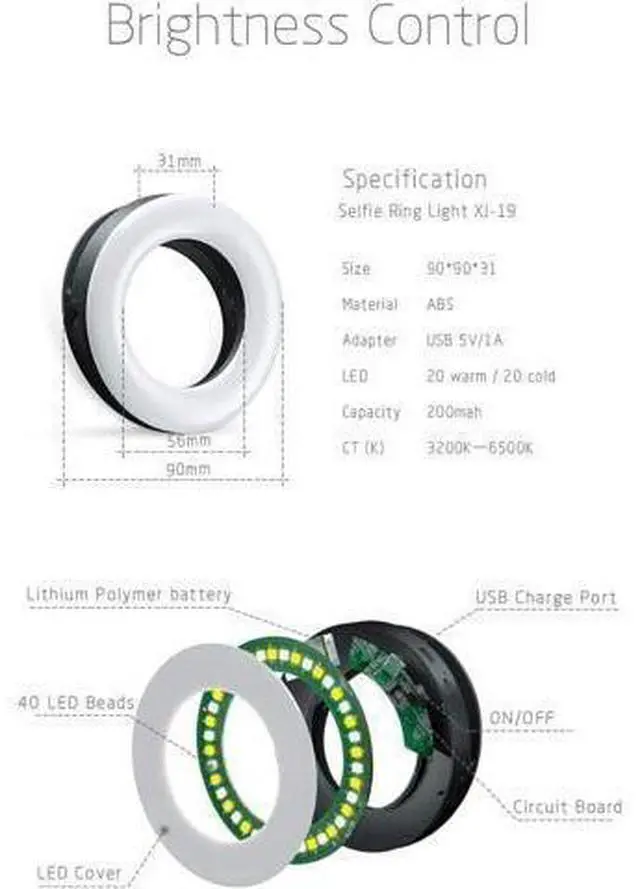 Alt view image 4 of 4 - XINBAOHONG Selfie Ring Light Rechargeable Portable Clip-on Selfie Fill Light with 40 LED for Smart Phone Photography, Camera Video, Girl Makes up