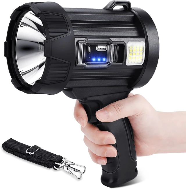 Alt view image 8 of 14 - Rechargeable Spotlight, 2000000 LM Super Bright Spotlight Flashlight, Long Running Spot Light Searchlight, Outdoor Handheld LED Flashlight High Lumens with Solar Panels for Hunting Camping Boat