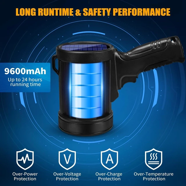 Alt view image 10 of 14 - Rechargeable Spotlight, 2000000 LM Super Bright Spotlight Flashlight, Long Running Spot Light Searchlight, Outdoor Handheld LED Flashlight High Lumens with Solar Panels for Hunting Camping Boat