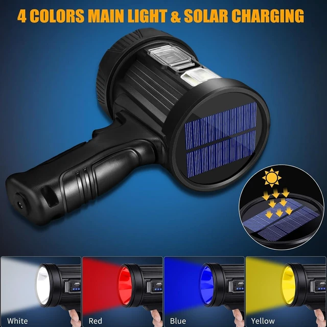 Alt view image 13 of 14 - Rechargeable Spotlight, 2000000 LM Super Bright Spotlight Flashlight, Long Running Spot Light Searchlight, Outdoor Handheld LED Flashlight High Lumens with Solar Panels for Hunting Camping Boat