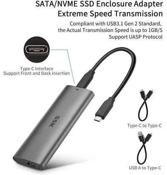 Alt view image 9 of 12 - Aluminum M.2 to USB NVMe SATA SSD Enclosure Reader Tool-Free USB 3.2 Gen 2 10Gbps NVMe PCI-E 6Gbps SATA M-Key / B+M Key Solid State Drive External Adapter With UASP Trim for SSDs 2242 2260 2280