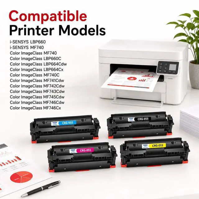 Alt view image 2 of 7 - 055 Toner Cartridge Set (4-Pack, Black, Cyan, Magenta, Yellow) Poou Compatible 055 High Yield Replacement for Canon 055 Toner Color imageCLASS MF743Cdw MF741Cdw MF745Cdw MF746Cdw LBP664Cdw Printer
