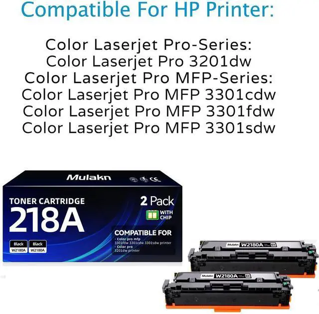 Alt view image 2 of 7 - 218A Black Toner W2180A Compatible Replacement for HP 218A Toner Cartridge W2180A 218X W2180X Work for HP Color LaserJet Pro MFP 3301FDW 3301SDW 3301CDW 3201DW Printer 2-Pack