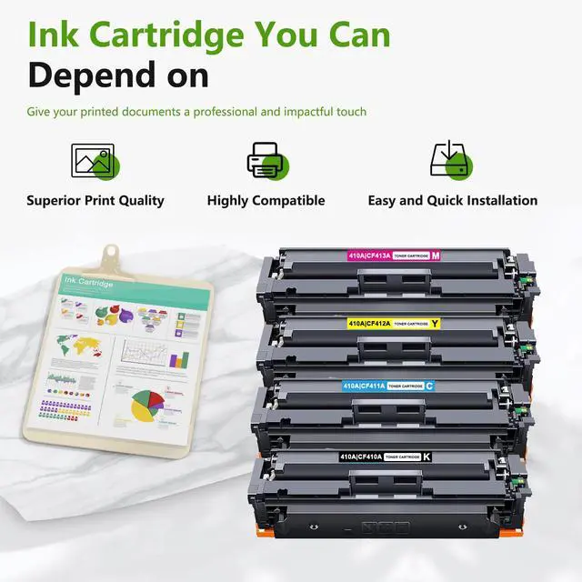 Alt view image 6 of 6 - 410A Toner Cartridges 4 Pack (1Black/1Cyan/1Magenta/1Yellow) Replacement for HP CF410A 410A Toner Cartridge for Color Pro MFP M477fdw M477fnw M477fdn M377dw Color Pro M452dn M452nw M452dw Printer