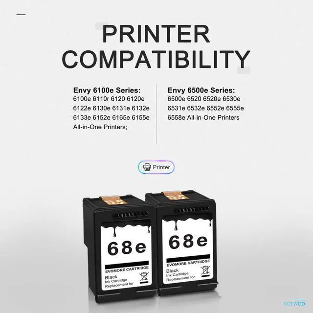 Alt view image 2 of 7 - 68XL Black Ink Cartridges 2 Packs High Yield Compatible for HP 68 68e Ink Cartridges Compatible for HP Envy 6155e, 6500e, 6552e, 6555e, 6558e, 6100e, 6152e Printer (2 Black)
