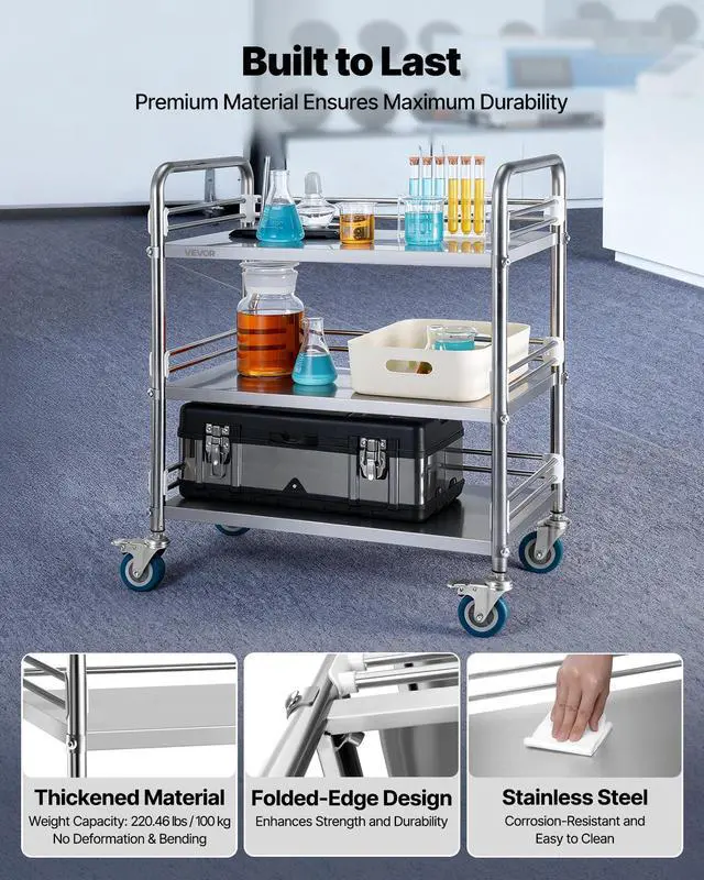 Alt view image 2 of 7 - Stainless Steel Rolling Cart, 3-Tier Metal Utility Cart with Lockable Wheels, Medical Serving Trolley Clinic Tray, Mobile Service Cart for Hospital, Lab, Restaurant, Kitchen, Salon