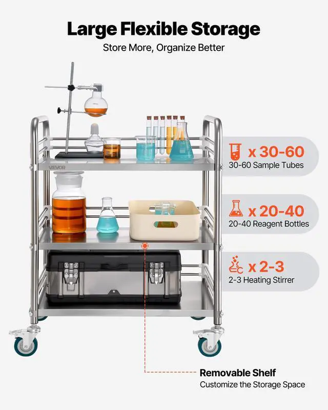 Alt view image 5 of 7 - Stainless Steel Rolling Cart, 3-Tier Metal Utility Cart with Lockable Wheels, Medical Serving Trolley Clinic Tray, Mobile Service Cart for Hospital, Lab, Restaurant, Kitchen, Salon