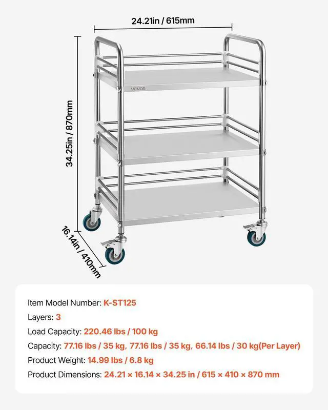 Alt view image 7 of 7 - Stainless Steel Rolling Cart, 3-Tier Metal Utility Cart with Lockable Wheels, Medical Serving Trolley Clinic Tray, Mobile Service Cart for Hospital, Lab, Restaurant, Kitchen, Salon