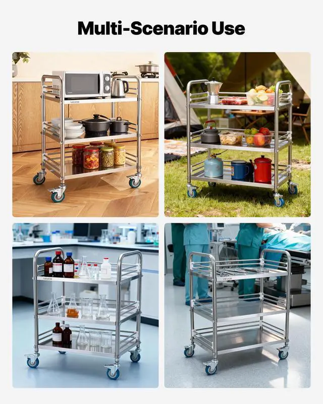 Alt view image 6 of 7 - Stainless Steel Rolling Cart, 3-Tier Metal Utility Cart with Lockable Wheels, Medical Serving Trolley Clinic Tray, Mobile Service Cart for Hospital, Lab, Restaurant, Kitchen, Salon