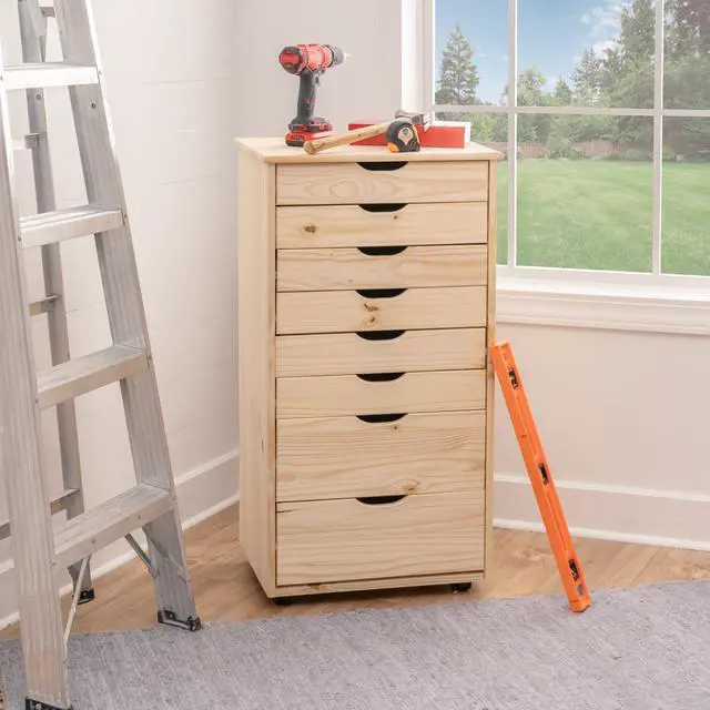 Alt view image 2 of 7 - Corinne Unfinished Eight Drawer Wooden Rolling Storage Cart
