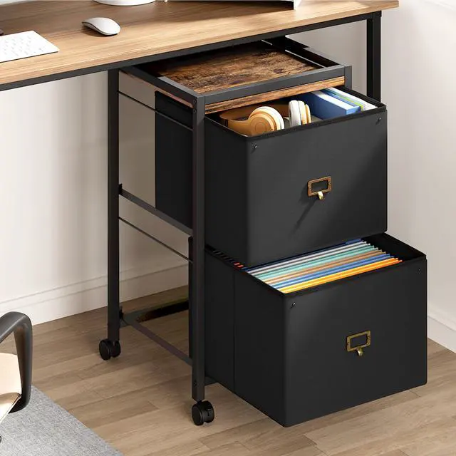 Alt view image 3 of 7 - 2 Drawer File Cabinet, Mobile Filing Cabinet for Home Office Fits A4 or Letter Size, Fabric Vertical File Cabinet with Wheels, Home Office Small Under Desk Storage Cabinet, Rustic Black
