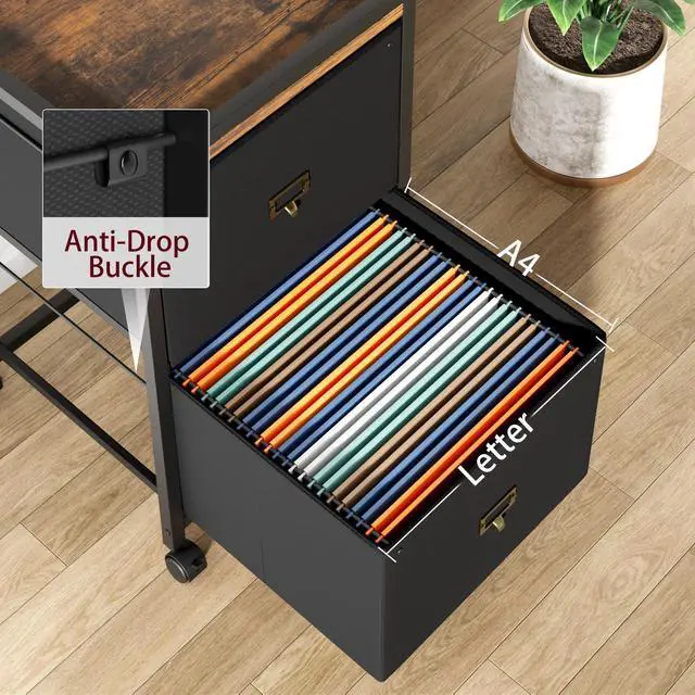 Alt view image 6 of 7 - 2 Drawer File Cabinet, Mobile Filing Cabinet for Home Office Fits A4 or Letter Size, Fabric Vertical File Cabinet with Wheels, Home Office Small Under Desk Storage Cabinet, Rustic Black