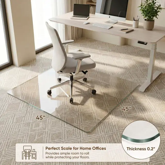 Alt view image 2 of 7 - Tempered Glass Chair Mat, 45"x45" Office Chair Mat for Carpet & Hardwood Floors, Heavy Duty 0.2" Desk Chair Mat for Smooth Rolling at Home or Office