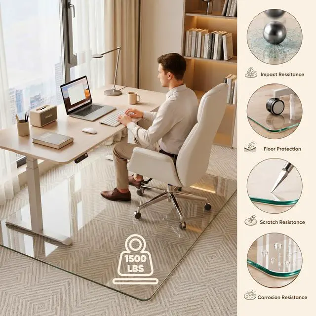Alt view image 4 of 7 - Tempered Glass Chair Mat, 45"x45" Office Chair Mat for Carpet & Hardwood Floors, Heavy Duty 0.2" Desk Chair Mat for Smooth Rolling at Home or Office