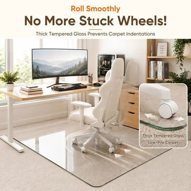 Alt view image 5 of 7 - Tempered Glass Chair Mat, 45"x45" Office Chair Mat for Carpet & Hardwood Floors, Heavy Duty 0.2" Desk Chair Mat for Smooth Rolling at Home or Office