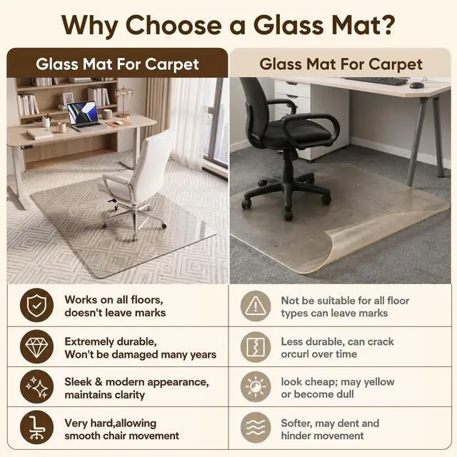 Alt view image 7 of 7 - Tempered Glass Chair Mat, 45"x45" Office Chair Mat for Carpet & Hardwood Floors, Heavy Duty 0.2" Desk Chair Mat for Smooth Rolling at Home or Office