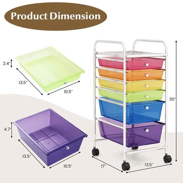 Alt view image 3 of 6 - Julimoon Rolling Storage Cart with 6 Drawers,Mobile Storage Drawers Organizer, Multipurpose Plastic Utility Cart with Wheels for Home Office School Garage (Rainbow & Clear)