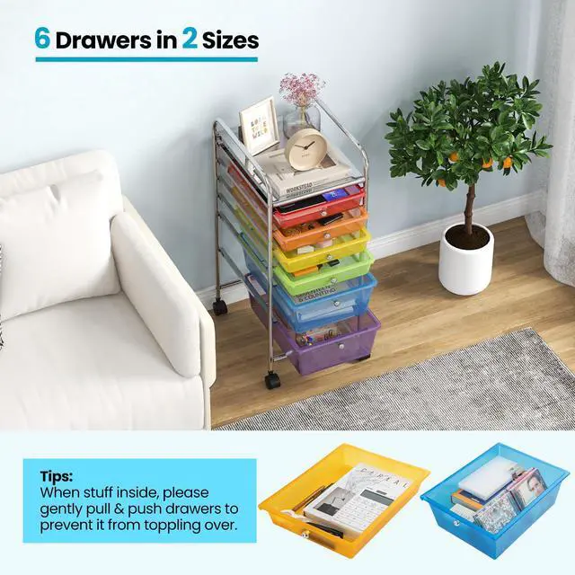 Alt view image 4 of 6 - Julimoon Rolling Storage Cart with 6 Drawers,Mobile Storage Drawers Organizer, Multipurpose Plastic Utility Cart with Wheels for Home Office School Garage (Rainbow & Clear)