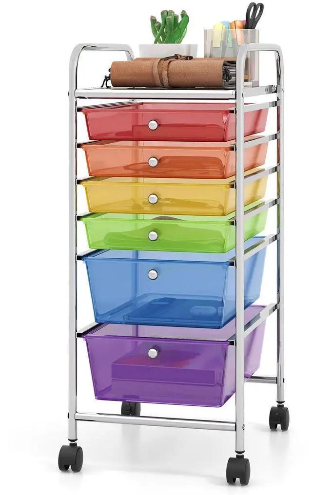 Main image of Julimoon Rolling Storage Cart with 6 Drawers,Mobile Storage Drawers Organizer, Multipurpose Plastic Utility Cart with Wheels for Home Office School Garage (Rainbow & Clear)