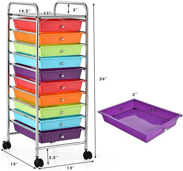 Alt view image 3 of 7 - Nightcore Rolling Storage Cart w/ 10 Drawers, Multipurpose Craft Storage Cart w/Lockable Casters, Rolling Cart Organizer for Tools, Scrapbook & Paper, Utility Cart for Home, Office & School