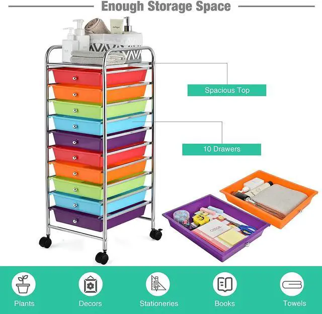 Alt view image 4 of 7 - Nightcore Rolling Storage Cart w/ 10 Drawers, Multipurpose Craft Storage Cart w/Lockable Casters, Rolling Cart Organizer for Tools, Scrapbook & Paper, Utility Cart for Home, Office & School
