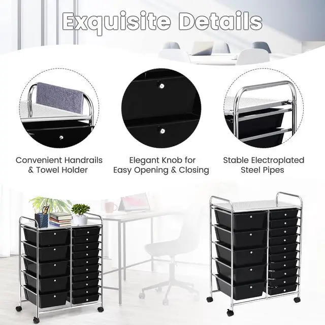 Alt view image 4 of 7 - HOMGX Storage Cart with 15 Drawers, 15 Drawer Organizer Trolley, 15 Tiers Storage Trolley, File and Debris Storage Cart, Rolling Drawer Cart for Office and School (Black)