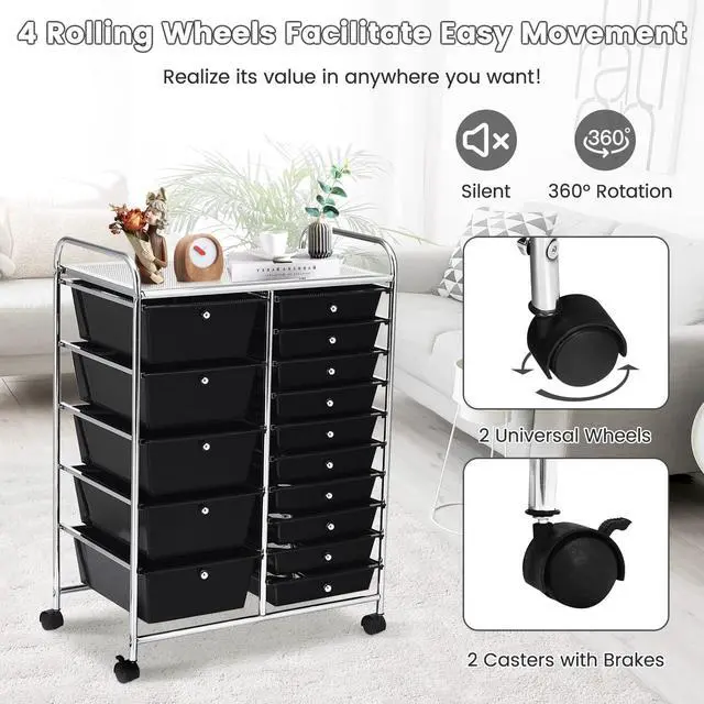 Alt view image 6 of 7 - HOMGX Storage Cart with 15 Drawers, 15 Drawer Organizer Trolley, 15 Tiers Storage Trolley, File and Debris Storage Cart, Rolling Drawer Cart for Office and School (Black)