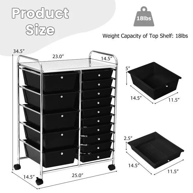 Alt view image 3 of 7 - HOMGX Storage Cart with 15 Drawers, 15 Drawer Organizer Trolley, 15 Tiers Storage Trolley, File and Debris Storage Cart, Rolling Drawer Cart for Office and School (Black)