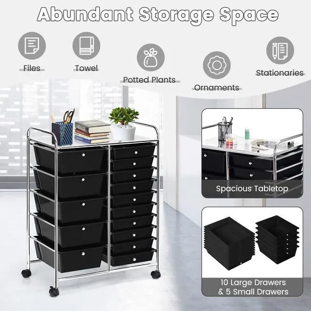 Alt view image 5 of 7 - HOMGX Storage Cart with 15 Drawers, 15 Drawer Organizer Trolley, 15 Tiers Storage Trolley, File and Debris Storage Cart, Rolling Drawer Cart for Office and School (Black)
