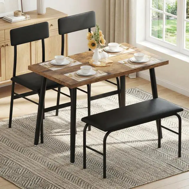 Main image of Dining Table Set for 4, Kitchen Table with Bench for Samll Space | 4 Piece Breakfast Table Set, Upholstered Bench & 2 Chairs, Dining Room, Apartment, Restaurant, Rustic Brown
