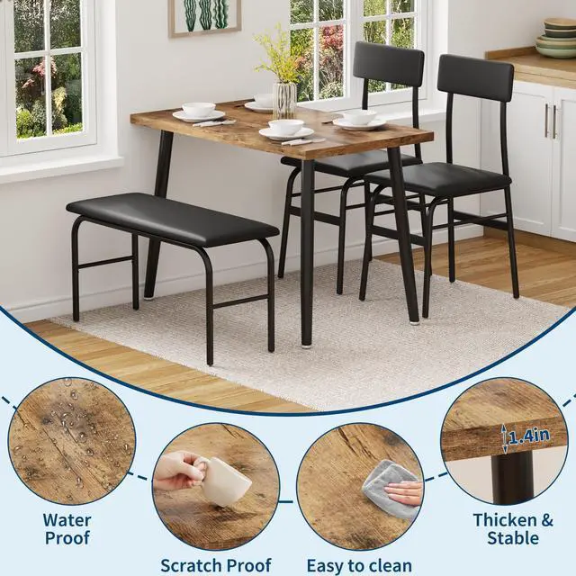 Alt view image 2 of 7 - Dining Table Set for 4, Kitchen Table with Bench for Samll Space | 4 Piece Breakfast Table Set, Upholstered Bench & 2 Chairs, Dining Room, Apartment, Restaurant, Rustic Brown