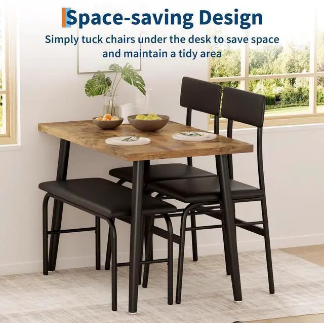 Alt view image 3 of 7 - Dining Table Set for 4, Kitchen Table with Bench for Samll Space | 4 Piece Breakfast Table Set, Upholstered Bench & 2 Chairs, Dining Room, Apartment, Restaurant, Rustic Brown