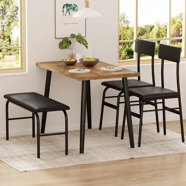 Alt view image 4 of 7 - Dining Table Set for 4, Kitchen Table with Bench for Samll Space | 4 Piece Breakfast Table Set, Upholstered Bench & 2 Chairs, Dining Room, Apartment, Restaurant, Rustic Brown