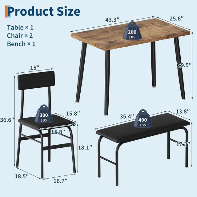 Alt view image 5 of 7 - Dining Table Set for 4, Kitchen Table with Bench for Samll Space | 4 Piece Breakfast Table Set, Upholstered Bench & 2 Chairs, Dining Room, Apartment, Restaurant, Rustic Brown