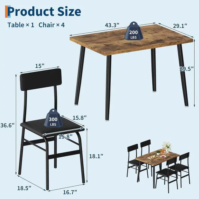Alt view image 2 of 7 - Dining Table Set for 4, Kitchen Table for Samll Space | 5 Piece Breakfast Table Set, 5 Upholstered Chairs, Dining Room, Apartment, Restaurant, Rustic Brown