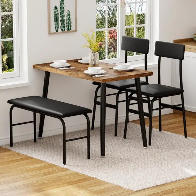 Alt view image 7 of 7 - Dining Table Set for 4, Kitchen Table with Bench for Samll Space | 4 Piece Breakfast Table Set, Upholstered Bench & 2 Chairs, Dining Room, Apartment, Restaurant, Rustic Brown