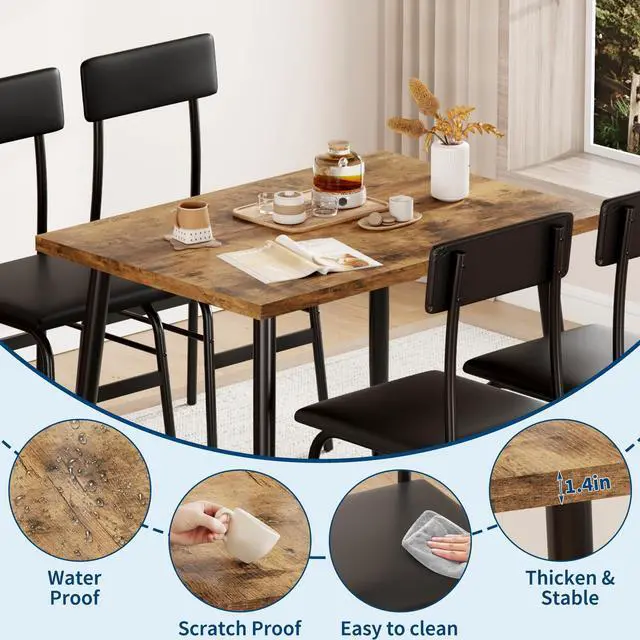 Alt view image 4 of 7 - Dining Table Set for 4, Kitchen Table for Samll Space | 5 Piece Breakfast Table Set, 5 Upholstered Chairs, Dining Room, Apartment, Restaurant, Rustic Brown