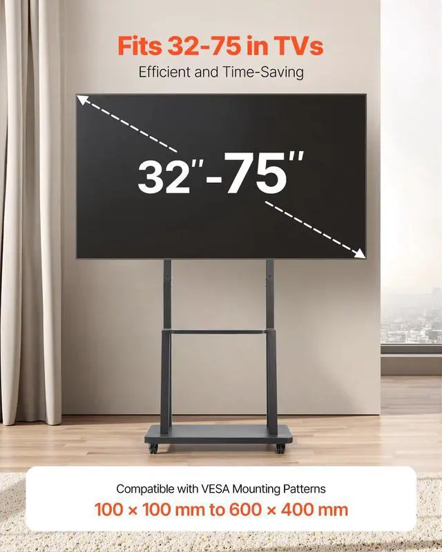 Alt view image 2 of 7 - Rolling TV Stand, Mobile TV Cart for 32-75 Inch Screens, Height Adjustable Portable Monitor Stand with Tray, Holds up to 150 lbs for Living Room, Bedroom, Office, Outdoor Max VESA 600 x 400 mm