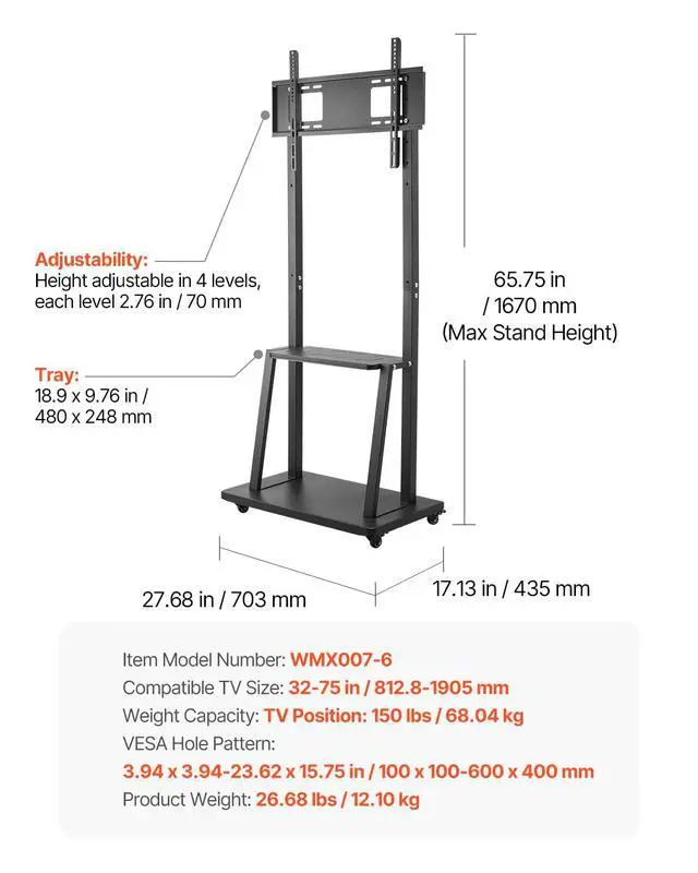Alt view image 7 of 7 - Rolling TV Stand, Mobile TV Cart for 32-75 Inch Screens, Height Adjustable Portable Monitor Stand with Tray, Holds up to 150 lbs for Living Room, Bedroom, Office, Outdoor Max VESA 600 x 400 mm