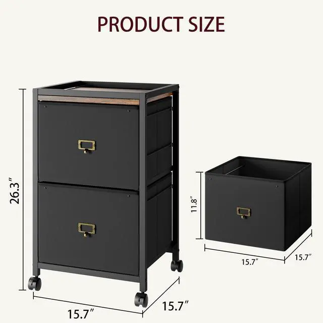 Alt view image 2 of 7 - 2 Drawer File Cabinet, Mobile Filing Cabinet for Home Office Fits A4 or Letter Size, Fabric Vertical File Cabinet with Wheels, Home Office Small Under Desk Storage Cabinet, Rustic Black