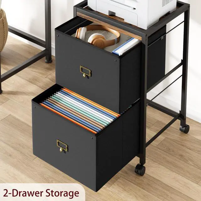 Alt view image 5 of 7 - 2 Drawer File Cabinet, Mobile Filing Cabinet for Home Office Fits A4 or Letter Size, Fabric Vertical File Cabinet with Wheels, Home Office Small Under Desk Storage Cabinet, Rustic Black