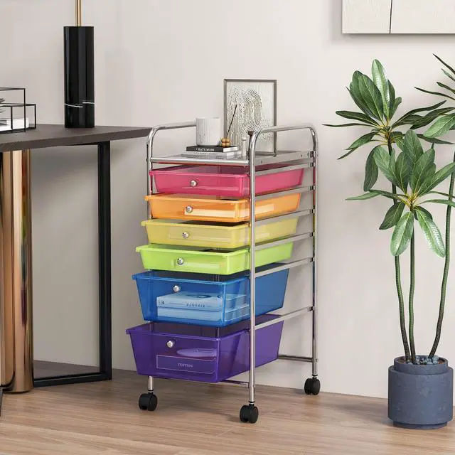 Alt view image 2 of 6 - Julimoon Rolling Storage Cart with 6 Drawers,Mobile Storage Drawers Organizer, Multipurpose Plastic Utility Cart with Wheels for Home Office School Garage (Rainbow & Clear)