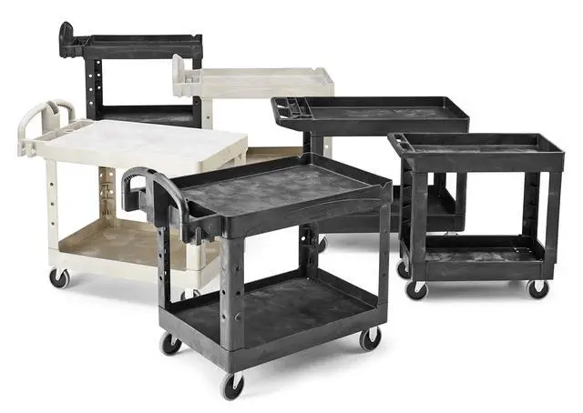 Alt view image 5 of 7 - 2-Shelf Utility/Service Cart, Small, Flat Shelves, Storage Handle, 500 lbs. Capacity, for Warehouse/Garage/Cleaning/Manufacturing