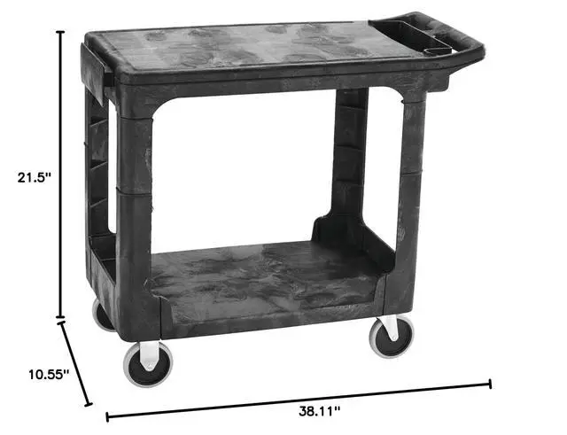 Alt view image 7 of 7 - 2-Shelf Utility/Service Cart, Small, Flat Shelves, Storage Handle, 500 lbs. Capacity, for Warehouse/Garage/Cleaning/Manufacturing