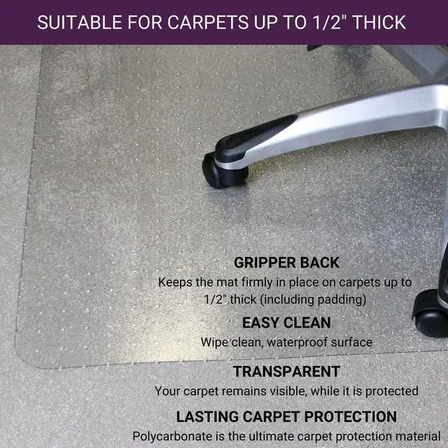 Alt view image 4 of 7 - Office Chair Mat for Carpeted Floors, Heavy Duty Polycarbonate for Medium Pile Carpets, Rectangular 48" x 60" Clear Office Chair Carpet Protector