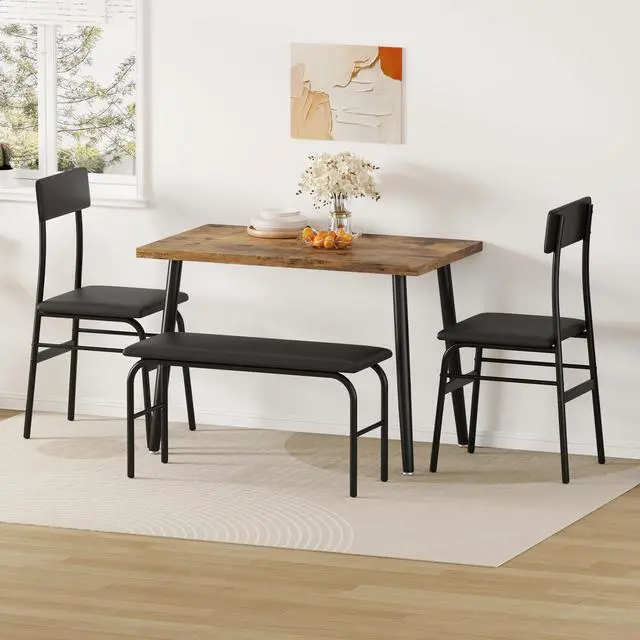 Alt view image 6 of 7 - Dining Table Set for 4, Kitchen Table with Bench for Samll Space | 4 Piece Breakfast Table Set, Upholstered Bench & 2 Chairs, Dining Room, Apartment, Restaurant, Rustic Brown