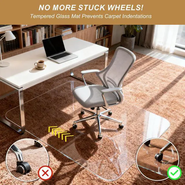 Alt view image 3 of 7 - Glass Chair Mat for Carpet, 36"x48" Tempered Glass Office Chair Mat | 1/5" Thick,Heavy Duty Chair Mat with Rounded and Polished Edges,Smooth Glide for Carpet & Hardwood Floor Protection,Ship Flat